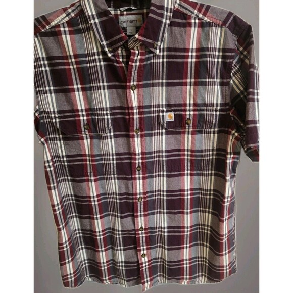 Carhartt Men’s L Plaid Short Sleeve Button Down Shirt Burgundy Gray Workwear - Picture 2 of 16